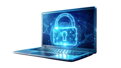 Laptop displaying a digital padlock, symbolizing cybersecurity isolated on transparent background