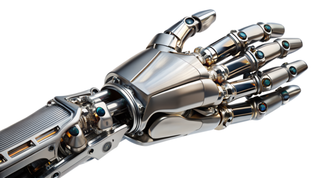 Closeup of a shiny robotic hand made of metal isolated on transparent background