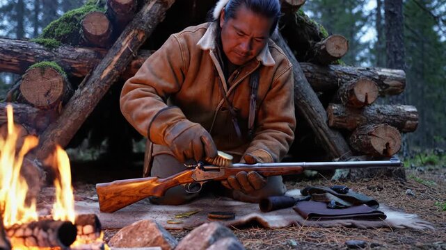 A man cleans a rifle next to a roaring campfire near a lean-to shelter in the forest, survival in wild nature footage.