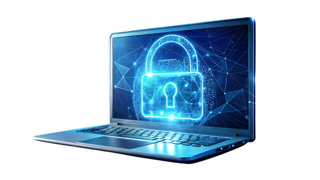 Laptop displaying a digital padlock, symbolizing cybersecurity isolated on transparent background