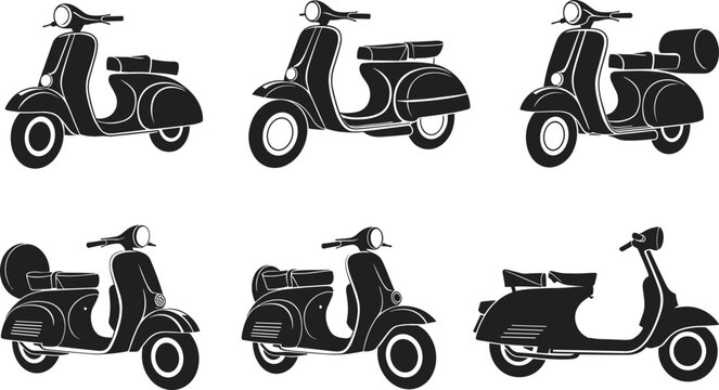 Vintage scooter silhouette, retro motorbike icon, classic two-wheeler design, black vector illustration, transportation graphic, flat vector illustration, side view