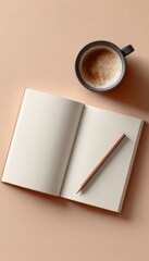 Open Notebook Mockup with Pencil and Coffee on Pastel Background