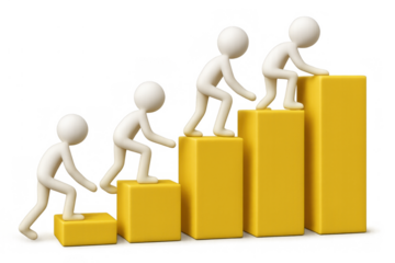 White figures depicting continuous advancement, reaching new heights using ascending yellow bar graph steps, representing a successful journey
