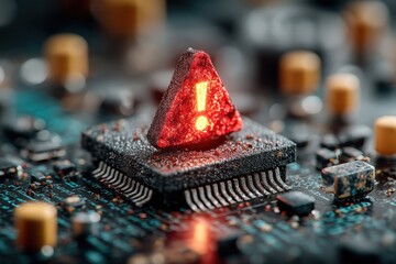 Glowing red exclamation mark on a microchip, a bold tech alert symbol on circuitry