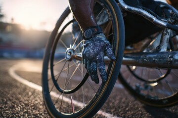 Para-athlete Adjusting Racing Wheelchair on Outdoor Track at Sunrise