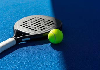 Padel racket and ball on blue court in sunlight, professional sports equipment closeup