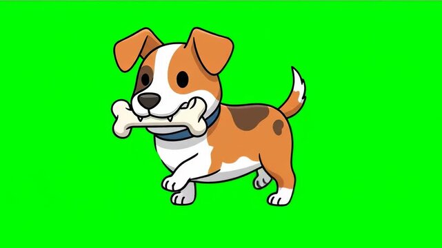 Happy Cartoon Dog Walking with a Big Bone on a Green Screen Background.