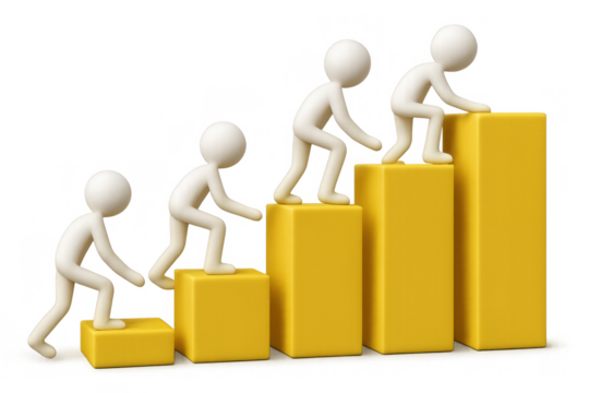 White figures depicting continuous advancement, reaching new heights using ascending yellow bar graph steps, representing a successful journey