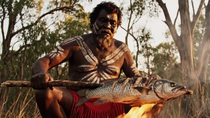 Indigenous aboriginal man is grilling fish over campfire. Survival cooking in nature. Traditional bush tucker preparation activity. Outdoor footage.