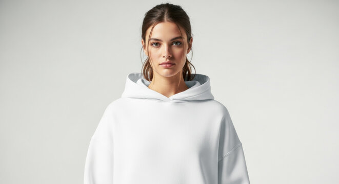 Young caucasian female wearing a white hoodie, with hair tied back, facing forward with a neutral expression.