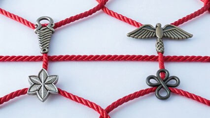 Medical Mystery Decorative metallic charms arranged on red ropes, showcasing intricate designs and textures.
