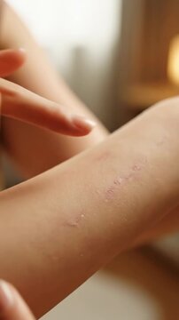 Scarred skin on arm with healing wound and dry texture closeup showing gentle care and natural skin condition in soft natural light indoors