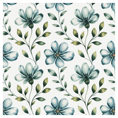 This stunning seamless floral pattern features beautifully hand-painted blue watercolor flowers with soft gradients and realistic shading, surrounded by green leaves on a light background.