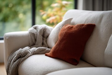 Cozy white sofa with textured rust colored throw pillow and soft grey blanket near a window with autumn foliage