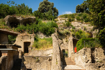 Italy, Naples, Baia, view and details of the archaeological area specialized in the spa treatments of the ancient Romans.