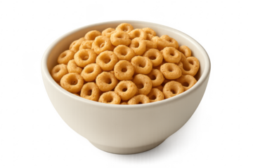 Bowl of dry breakfast cereal rings on transparent background