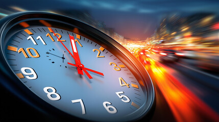 A macro shot of a clock face approaching midnight (11:59), hands in sharp focus, numbers in motion blur. Anticipation, dramatic, concept art. blurred background, with copy space