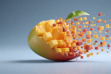 Mango fruit exploding into cubes, abstract minimal food concept, tropical fresh dessert, modern creative composition, healthy vitamin snack, geometric cutting design, summer background, still life

