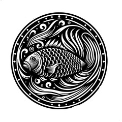 Fototapeta premium Monochrome Fish Emblem: An artistic, monochrome illustration of a fish encircled within a decorative, swirling pattern, perfect for design usage.
