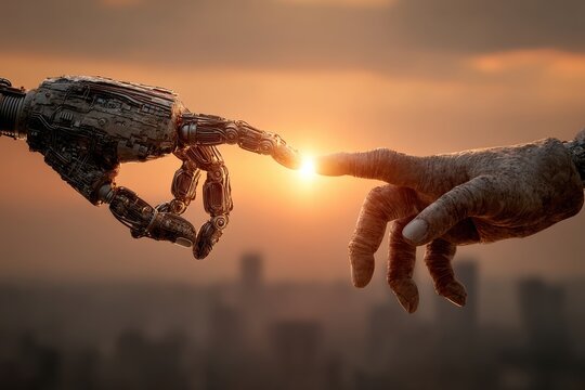Human and robotic hands touching with vibrant sunset background