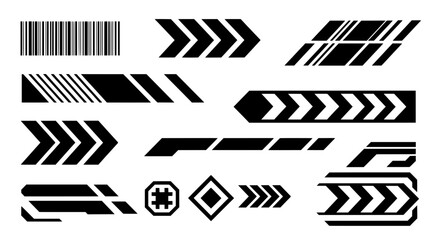 Set of isolated black and white futuristic graphics. Includes arrows, barcode, and abstract geometric shapes for techwear, esports, and racing decals.
