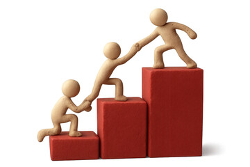 Clay figures forming a human chain, helping each other up red blocks, symbolizing teamwork, support, and progress on transparent background