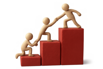 Clay figures forming a human chain, helping each other up red blocks, symbolizing teamwork, support, and progress on transparent background