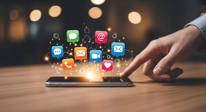 Smartphone on a desk with glowing app icons floating above - Powered by Adobe