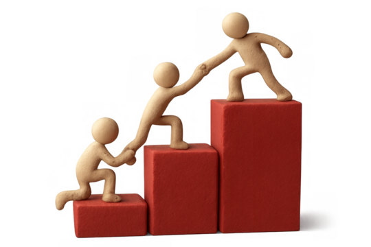 Clay figures forming a human chain, helping each other up red blocks, symbolizing teamwork, support, and progress on transparent background