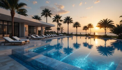 Fototapeta premium Luxury modern swimming pool with crystal-clear blue water, marble deck, palm trees, elegant lounge chairs, golden sunset reflections, cinematic lighting, ultra realistic, 8K.