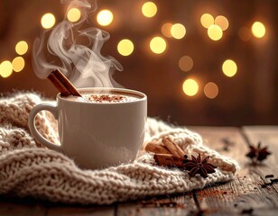 Cozy Christmas Hot Cocoa with Cinnamon and Fairy Lights, Warm Winter Scene: Cup of Hot Cocoa, Cinnamon, and Fairy Lights, AI generated image
