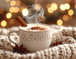 Cozy Christmas Hot Cocoa with Cinnamon and Fairy Lights, Warm Winter Scene: Cup of Hot Cocoa, Cinnamon, and Fairy Lights, AI generated image