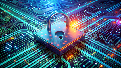 Padlock on a futuristic circuit board, symbolizing cybersecurity and data protection concept