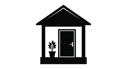 Simple black and white illustration of a house with a plant