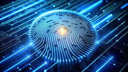 Digital fingerprint scan on circuit board, representing biometric authentication and cyber security