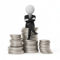 3d render minimalist white stick figure businessman sitting on stacks of coins