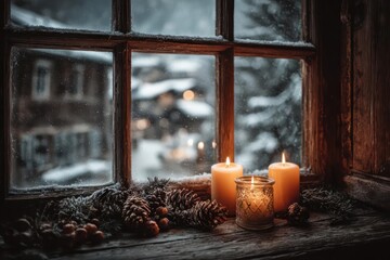 Cozy winter scene with lit candles and pinecones on a windowsill looking out at a snowy village