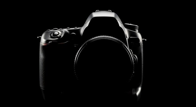 Black D S L R camera with lens on black background dslr photography - Powered by Adobe