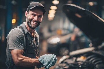 Smiling Mechanic Wiping Hands with Cloth in Garage Setting