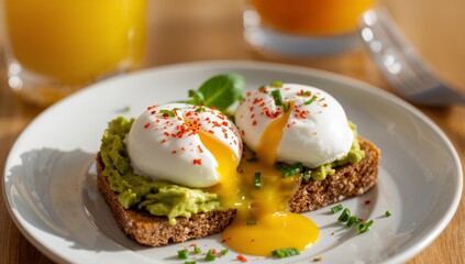 Culinary Still Life. Poached Eggs, Avocado and Toast with Orange Juice, CloseUp.