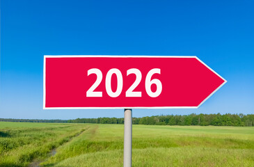 Business concept of 2026 new year symbol. Concept number 2026 Happy new year on beautiful red road sign. Beautiful blue sky background. Business 2026 happy new year concept. Copy space.