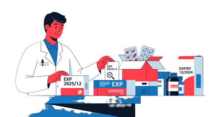 Pharmacist Examining Medicine Expiration Dates In Health Care Illustration Concept