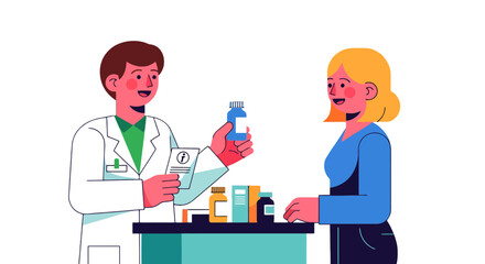 Pharmacy Interaction Illustration: Pharmacist Serving Customer with Prescription Medication