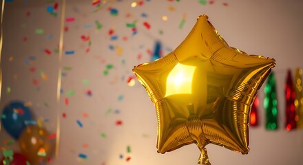 A golden star balloon floats amongst confetti during a festive celebration.