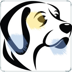 Elegant dog illustration in simple lines with blue and yellow accents on white backdrop a modern minimalist design