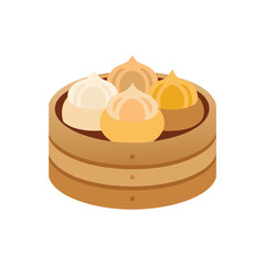 A plate of Dim Sum, featuring a variety of dumplings and buns in a bamboo steamer vector illustration