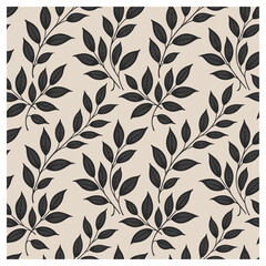 This elegant seamless leaf pattern features beautifully illustrated black botanical branches and leaves on a soft beige background. The design's clean composition and organic balance evoke a sense.