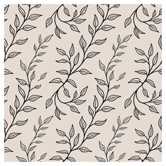 This delicate seamless leaf pattern features elegant hand-drawn black botanical branches with fine outlines and detailed leaves on a soft beige background. The airy composition and flowing structure.