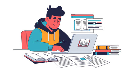 Student Studying With Laptop and Books, Modern Education and Online Learning Concepts