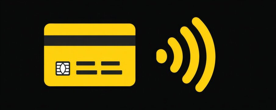 Yellow credit card icon with contactless waves on a black background, symbolizing digital payment - Powered by Adobe
